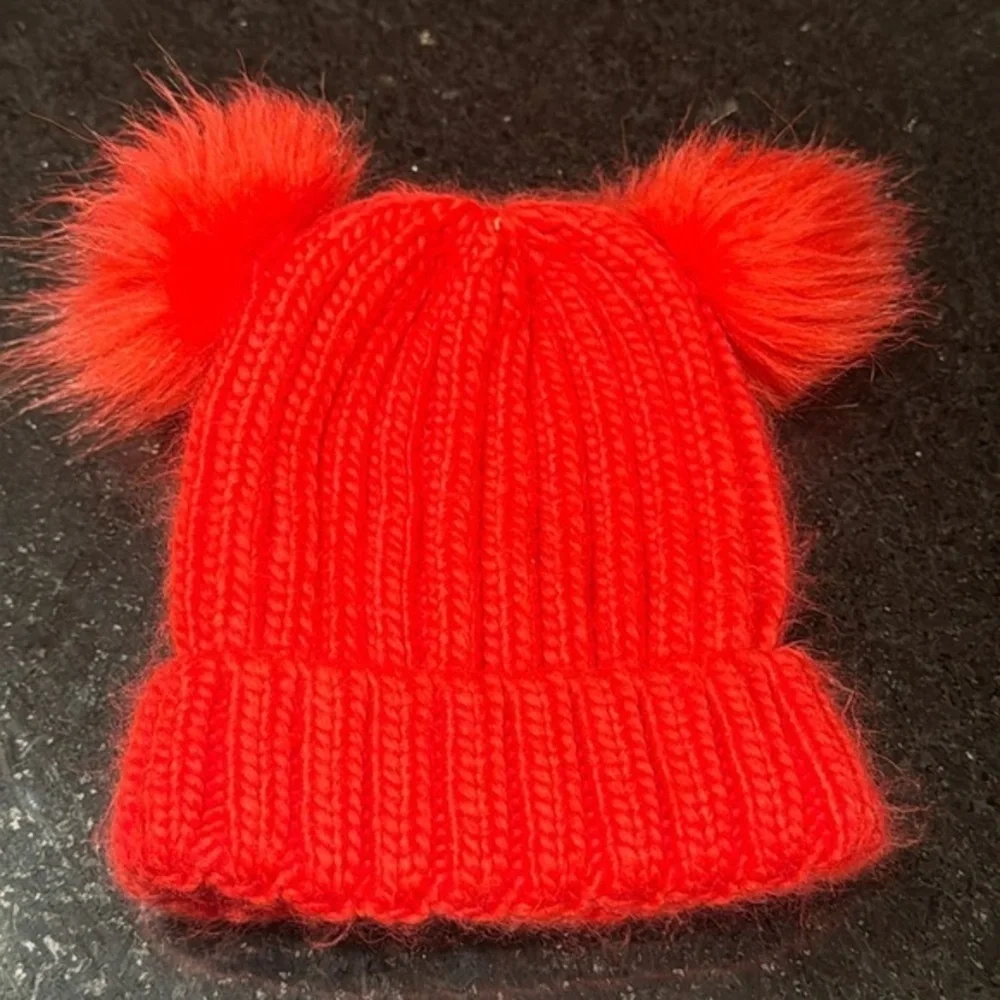 Red double pom winter knit infant toddler‎ beanie hat